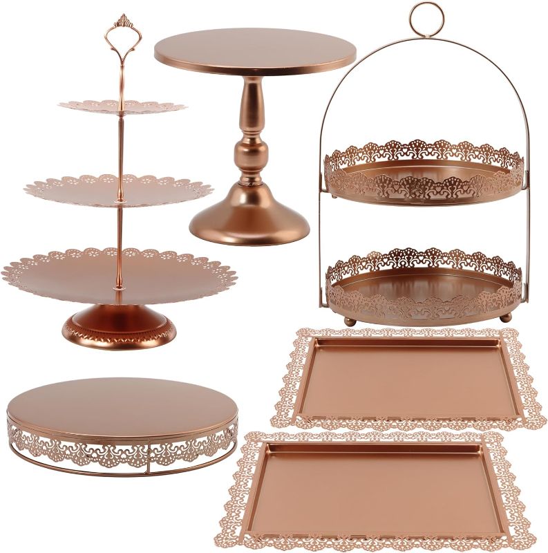 Photo 1 of 6 Pcs Rose Gold Cake Stands Set, QENUIITEA Cake Display Pedestal Tiered Cupcake Holder Dessert Plate Serving Tower Tray Decorative for Wedding Birthday Party Baby Shower Celebration