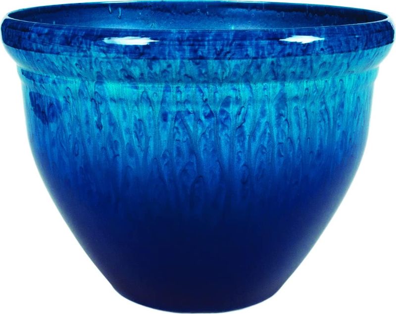 Photo 1 of The HC Companies 9 Inch Pizzazz Decorative Round Planter - Lightweight Premium Resin Plant Pot with a Ceramic Look for Indoor Outdoor Use, Admiral Blue
