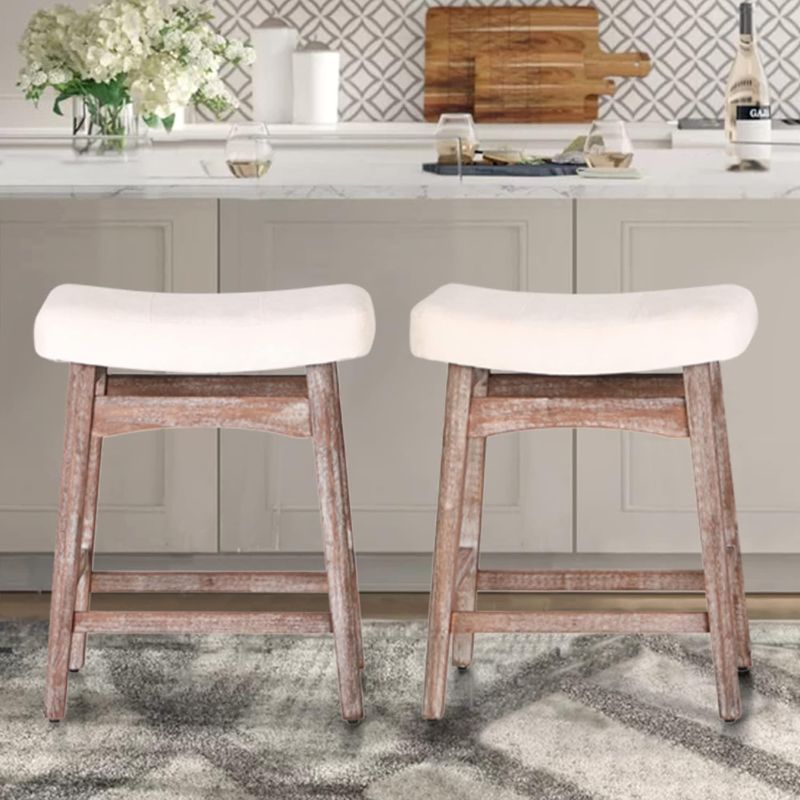 Photo 1 of ALPHA HOME Bar Stools Set of 2, Solid Wood Saddle Kitchen Stools with Beige Linen Fabric Cushion Counter Height Barstools with Vintage Farm Wooden Base for Kitchen Dining Cafe, 24 Inch, Beige, 2PCS
