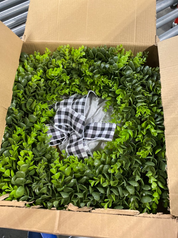 Photo 2 of 23" Faux Round Boxwood Wreath, Vlorart Artificial Boxwood Wreath Front Door Wreaths Artificial Spring Summer Greenery Hanging with A Plaid Bow for Front Door Wall Hanging Window Wedding Party Decor 23inch