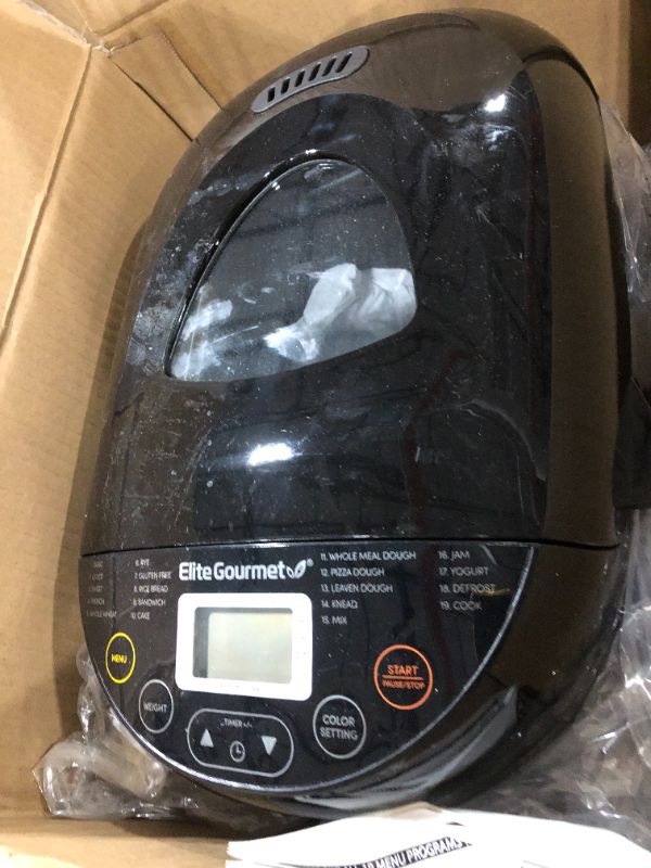 Photo 1 of Elite Gourmet EBM8103B Programmable Bread Maker Machine, 3 Loaf Sizes, 19 Menu Functions Gluten Free White Wheat Rye French and more, 2 Lb, Black