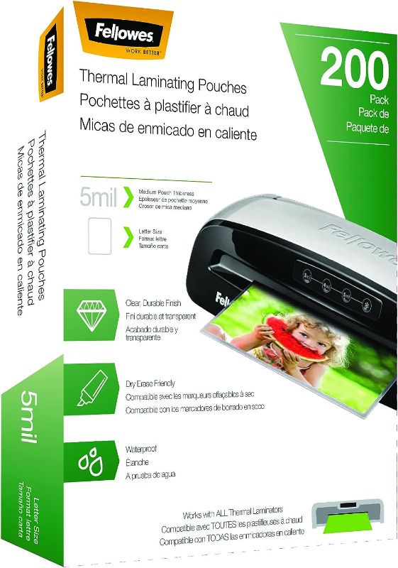 Photo 1 of Fellowes Thermal Laminating Pouches, Letter Size Sheets, 5mil 200pk, Clear (5743601) & Laminator Cleaning Sheets, 10 Pack, 8.5 x 11 in 200 Pack Laminating Pouches