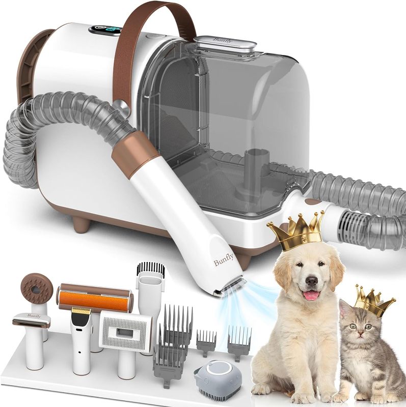 Photo 1 of Bunfly Dog Grooming Kit,13000Pa Strong Grooming & Vacuum Suction 99.99% Pet Hair, 7 Pet Grooming Tools for Dogs Cats, 3L Large Capacity Dust Cup, Quiet Pet Vacuum Groomer?Brown&White?
