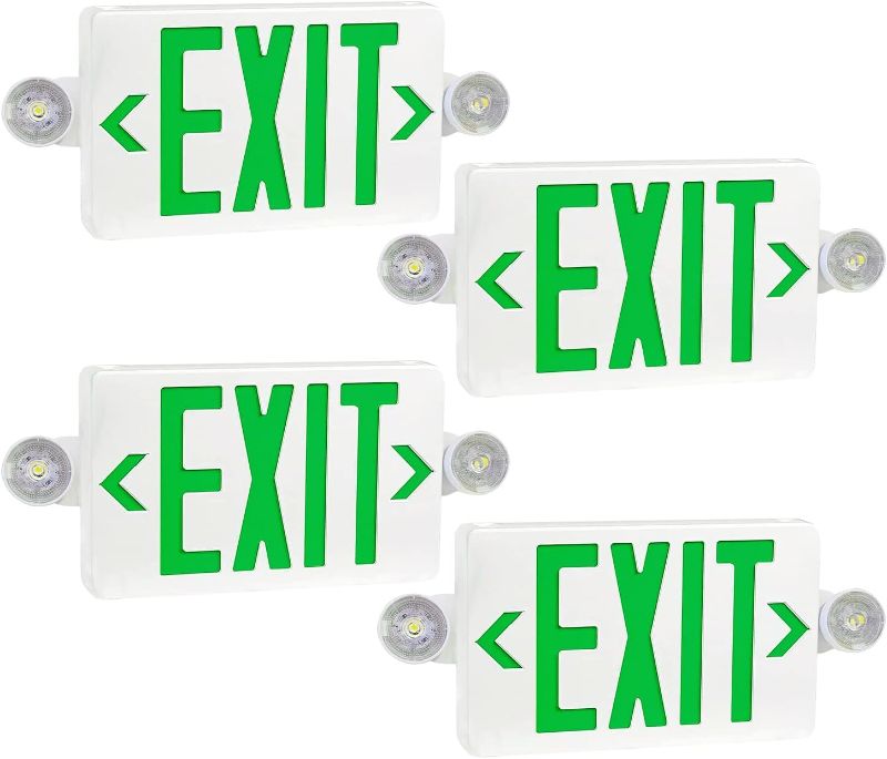 Photo 1 of 4 Pack Green LED Exit Sign with Emergency Lights Two LED Adjustable Head Emergency Exit Lights with Battery Backup, Dual LED Lamp ABS Fire Resistance UL-Listed 120-277V (4)