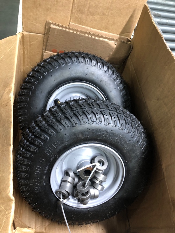 Photo 3 of 2-Pack Small 13x5.00-6 Flat Free Tire with Rim,2.25" Offset Hub with 5/8" Ball Bearing,Diameter 12.2",Width 3.6" w/Grease Fitting,300lbs Capacity,13x5-6 No-Flat Solid Wheel,for Lawn mower,Garden Cart
***Stock photo shows a similar product, not exact***