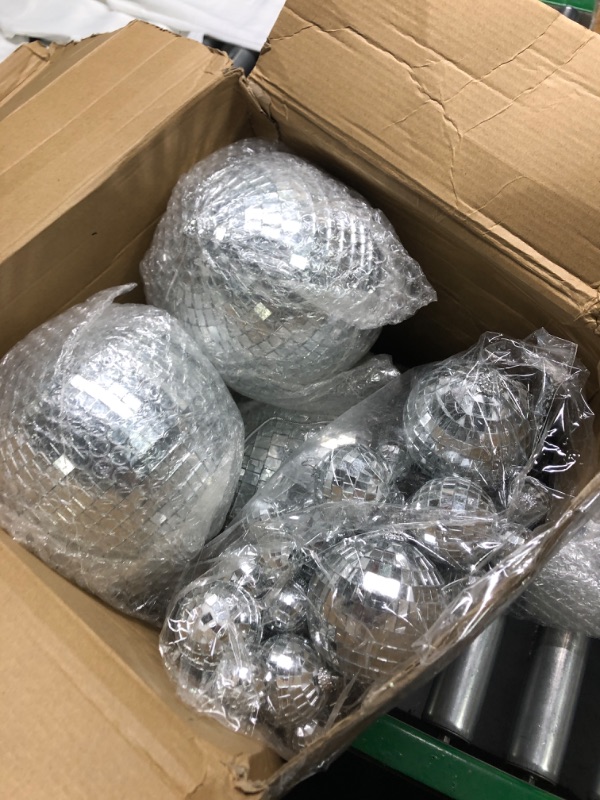 Photo 3 of 40 Pack Mirror Disco Ball in Variety Silver Hanging Glass Mirror Ball Light Ball with String Disco Hanging Ornament for Club Stage Bar Birthday 70s Party Decoration (10/ 6/ 3/ 2/ 1.2 Inch)