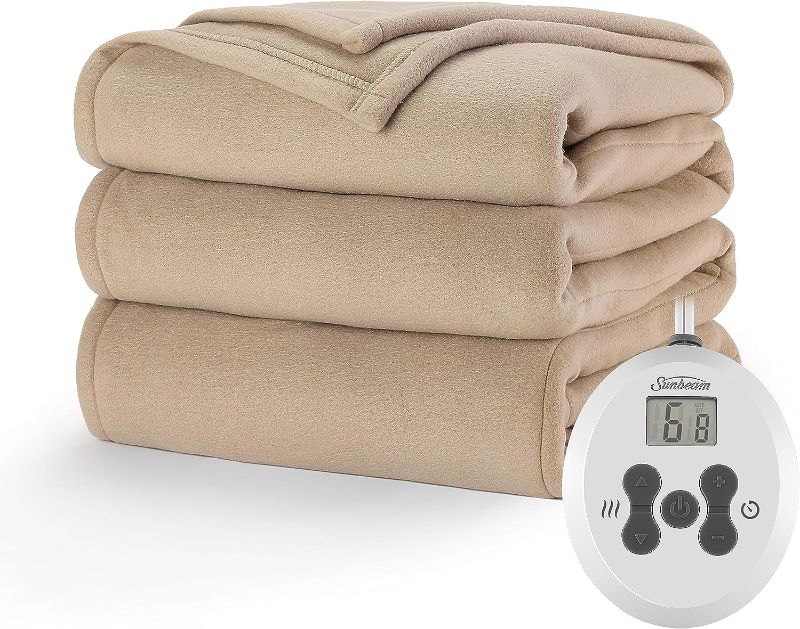 Photo 1 of Sunbeam Royal Ultra Fleece Heated Electric Blanket Twin Size 12 Heat Settings, 12-Hour Selectable Auto Shut-Off, Fast Heating, Machine Washable, Warm and Cozy, Mushroom
