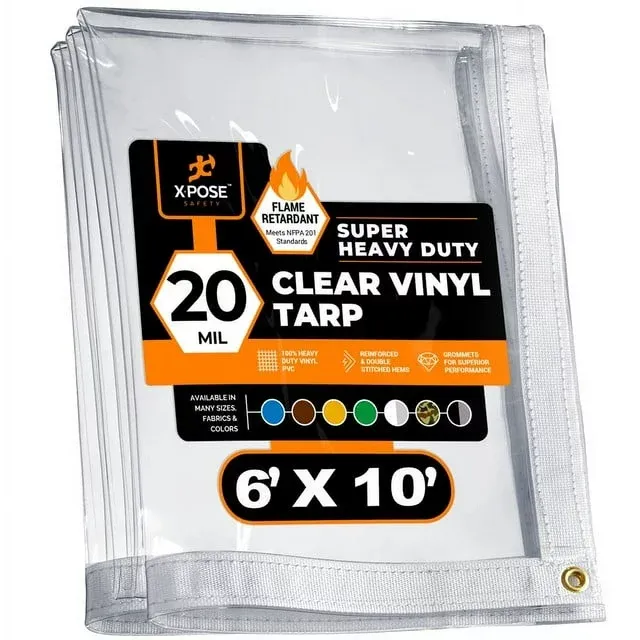 Photo 1 of 6' x 10' Clear Vinyl Tarp - Fire Retardant 20 Mil Super Heavy Duty Transparent Waterproof PVC Tarpaulin with Brass Grommets - for Patio Enclosure, Temporary Wall, Multipurpose - by Xpose Safety
