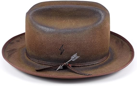 Photo 1 of RUEDIGER Wide Brim Fedora Hats for Men Women 100% Wool Felt Panama Rancher Hat with Lightning Logo Distressed/Burned Handmade
