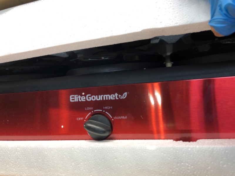 Photo 4 of 
Elite Platinum EWMST-325R Maxi-Matic Triple Slow Cooker Buffet Server Adjustable Temp Dishwasher-Safe Oval Ceramic Pots, Lid Rests, 3 x 2.5 Qt Capacity, Red