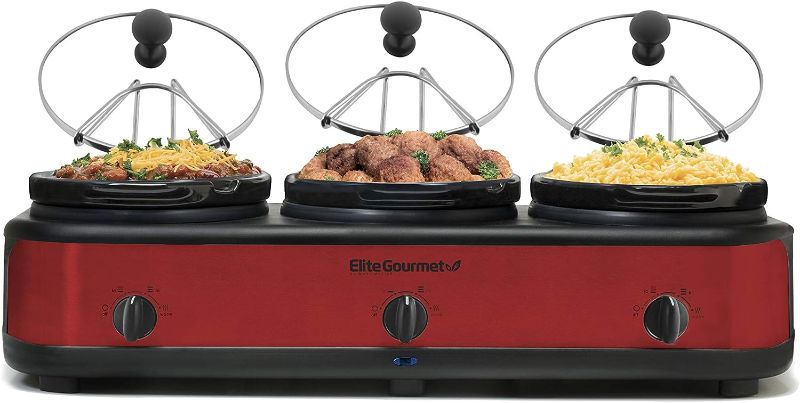 Photo 1 of 
Elite Platinum EWMST-325R Maxi-Matic Triple Slow Cooker Buffet Server Adjustable Temp Dishwasher-Safe Oval Ceramic Pots, Lid Rests, 3 x 2.5 Qt Capacity, Red