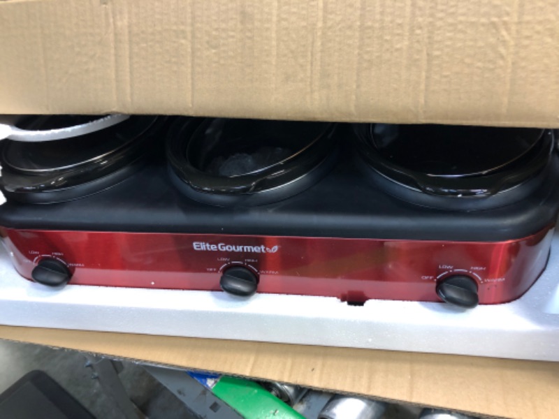 Photo 3 of 
Elite Platinum EWMST-325R Maxi-Matic Triple Slow Cooker Buffet Server Adjustable Temp Dishwasher-Safe Oval Ceramic Pots, Lid Rests, 3 x 2.5 Qt Capacity, Red