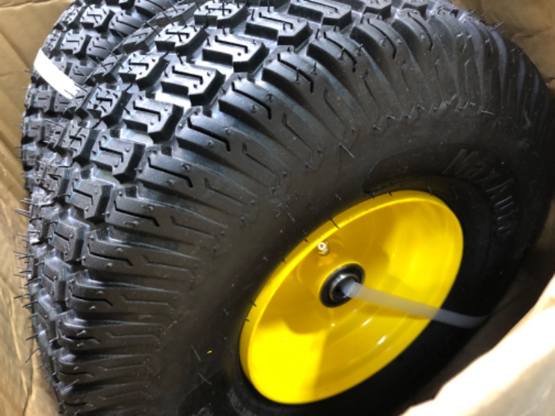 Photo 1 of MaxAuto 2 Pcs Lawn Mower Tires 15x6.00-6 with Wheel for Riding Mowers, 3" Offset Hub Long with 3/4" bearings, Pneumatic Tire