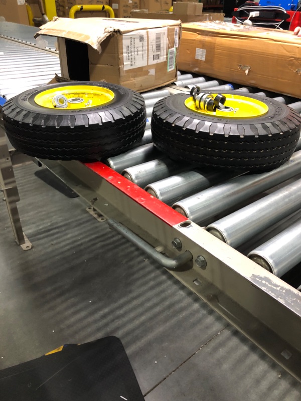 Photo 1 of MaxAuto 2 Pcs 4.10/3.50-6" Flat Free Tire, Hand Truck/All Purpose Utility Tire on Wheel, 3" Centered Hub, 3/4" Bearings, Yellow Steel
***Used, but in good condition and functional***