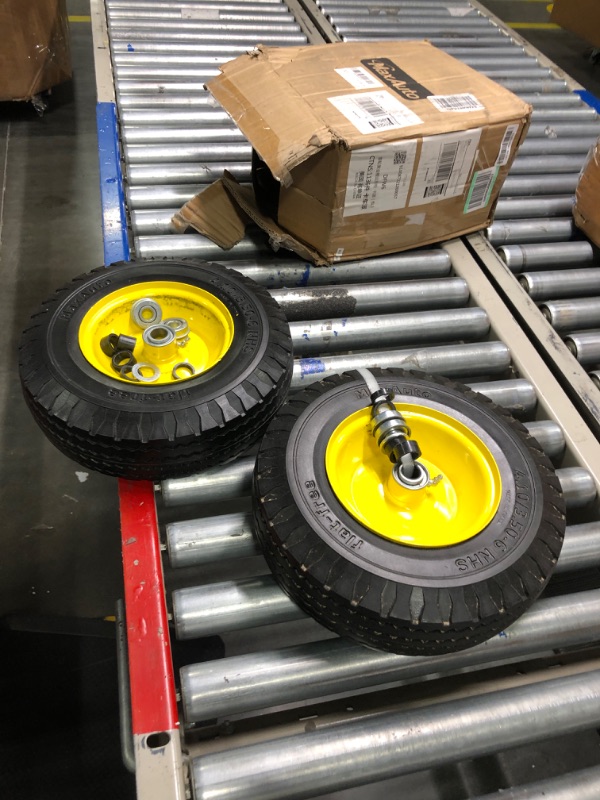Photo 1 of MaxAuto 2 Pcs 4.10/3.50-6" Flat Free Tire, Hand Truck/All Purpose Utility Tire on Wheel, 3" Centered Hub, 3/4" Bearings, Yellow Steel
***Used, but in good condition and functional***