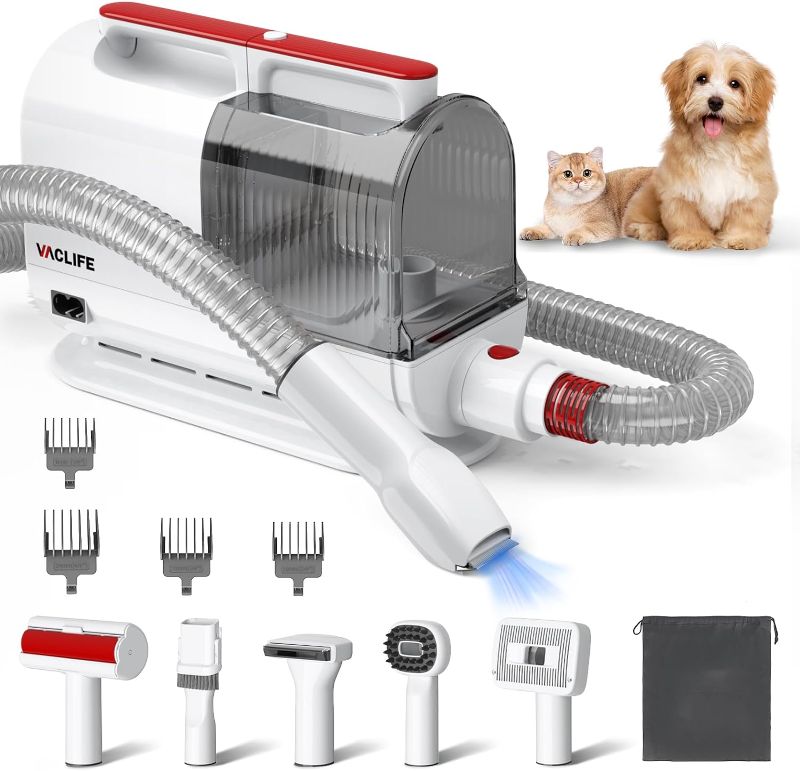 Photo 1 of VacLife Pet Hair Vacuum for Shedding Grooming with Dog Clipper - Multipurpose Grooming Kit with Brushes and Other Grooming Tools for Dogs and Cats - Low-Noise - White and Red (VL776)
