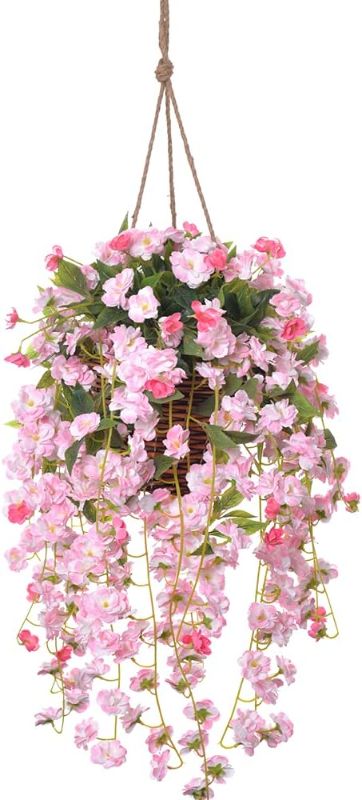 Photo 1 of Artificial Wisteria Vine Flowers in Hanging Rattan Basket, Fake Silk Hanging Plant Faux Flower Arrangement with Rattan Rope for Garden Yard Patio Outdoor Home Wedding Party Decoration, Pink