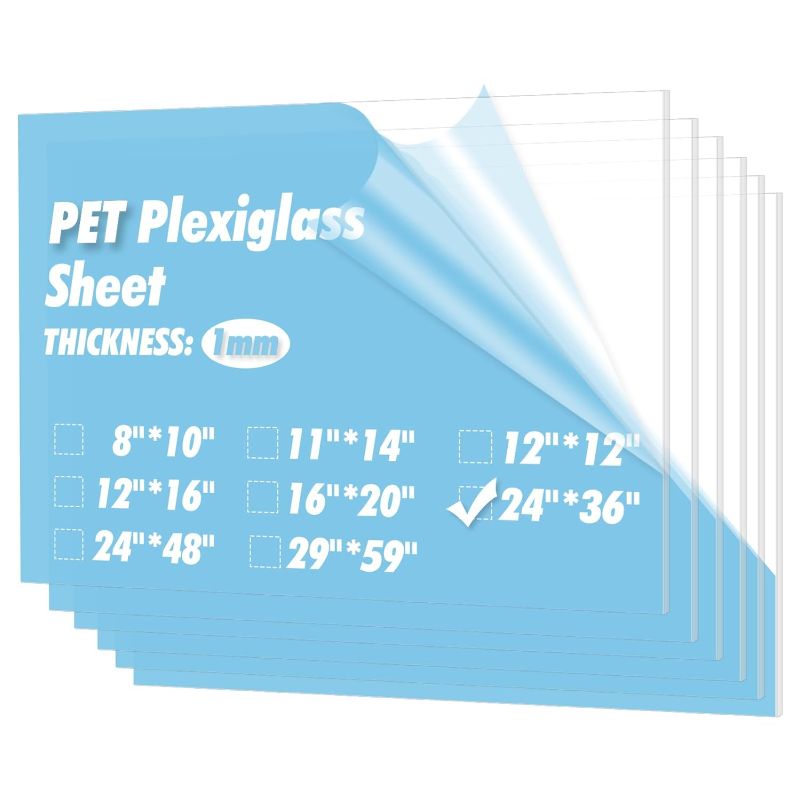 Photo 1 of 5-Pack of 24×36" PET/Plexiglass Sheets, Transparent Clear Flexible Plastic Sheet Panels for Craft, Picture Frames, Sign Blank, DIY Display Project