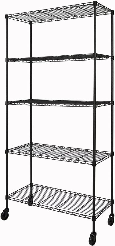 Photo 1 of 5-Shelf Adjustable Heavy Duty Storage Shelving Unit on 4 Wheel Casters, Metal Organizer Wire Rack for Laundry Bathroom Kitchen Pantry Closet, Black
