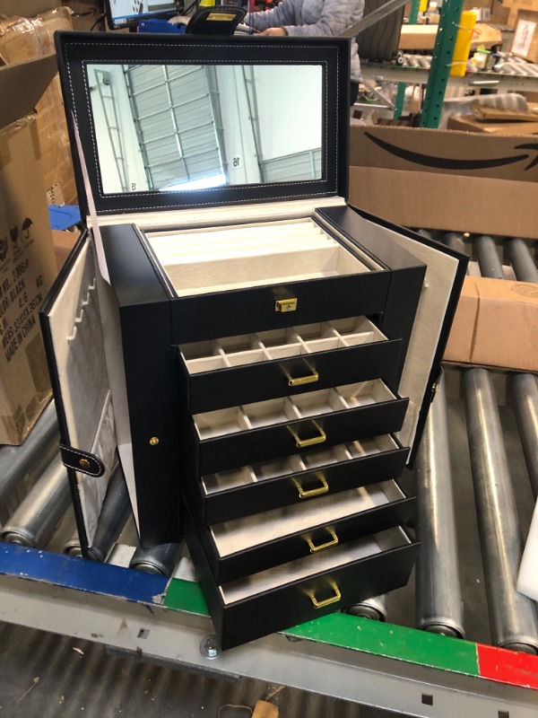 Photo 1 of AKOZLIN Huge Jewelry Box Organizer Functional Lockable, Extra Large Leather Jewelry Storage Case for Women Girls Ring Necklace Earring Bracelet Holder Organizer with Mirror Black Extra Large Black