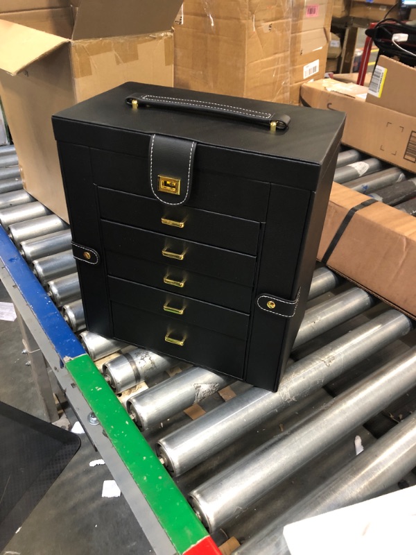 Photo 1 of AKOZLIN Huge Jewelry Box Organizer Functional Lockable, Extra Large Leather Jewelry Storage Case for Women Girls Ring Necklace Earring Bracelet Holder Organizer with Mirror Black Extra Large Black