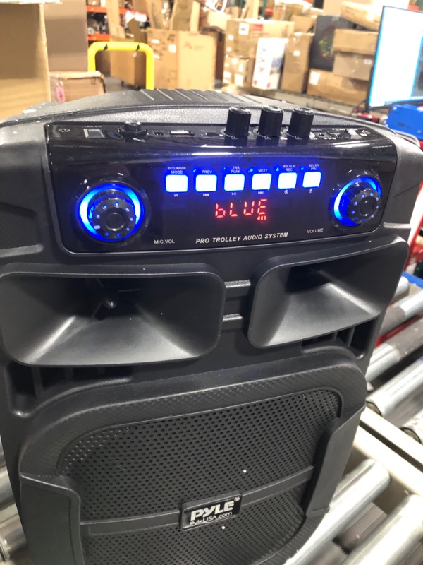 Photo 5 of Pyle Portable Bluetooth PA Speaker System - 800W 12”Outdoor Bluetooth Speaker Portable PA System-Party Lights,USB SD Card Reader,FM Radio,Rolling Wheels-Wired microphone, Remote - PPHP128B, BLACK,BLUE BLACK,BLUE Speaker System