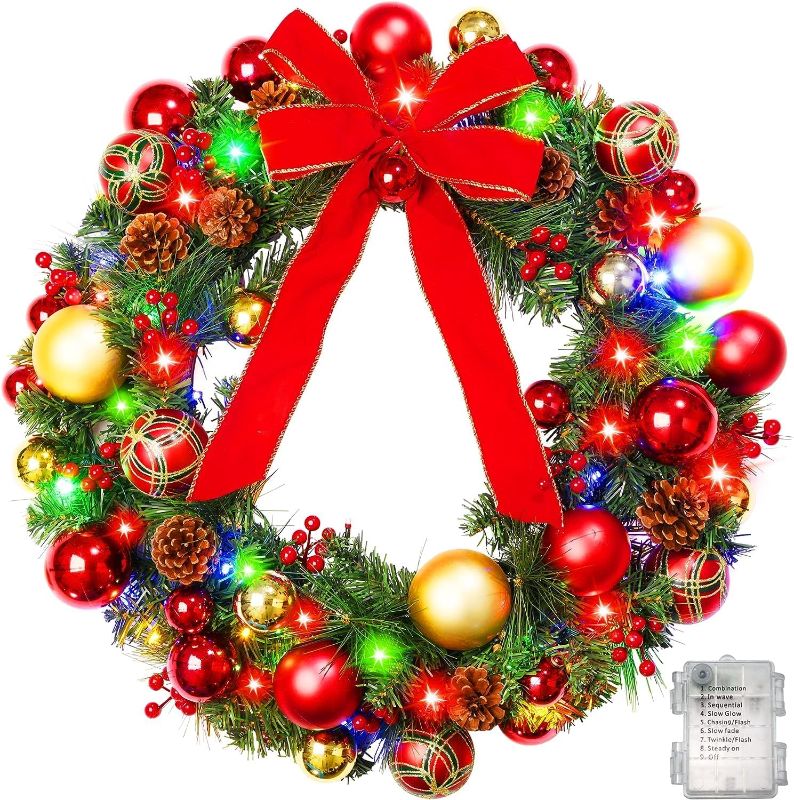 Photo 1 of  Prelit Christmas Wreaths with 60 Lights for Front Door, Vlorart Large Lighted Christmas Wreath with Red Bow, Berries, Colored Balls, Battery Operated with Timer for Home Outdoor Decoration
***Stock photo shows a similar item, not exact***