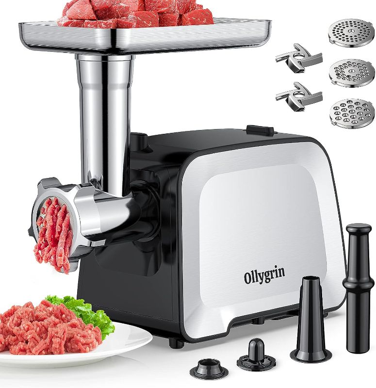 Photo 1 of Ollygrin Meat Grinder Electric Sausage Stuffer, Meat Grinder Electric Stainless Steel, Meat Grinder Maker Heavy Duty 2300W Max With 2 Blades, 3 Plates, Sausage Stuffer Tube & Kubbe Kit
***Missing some accessories*** 
