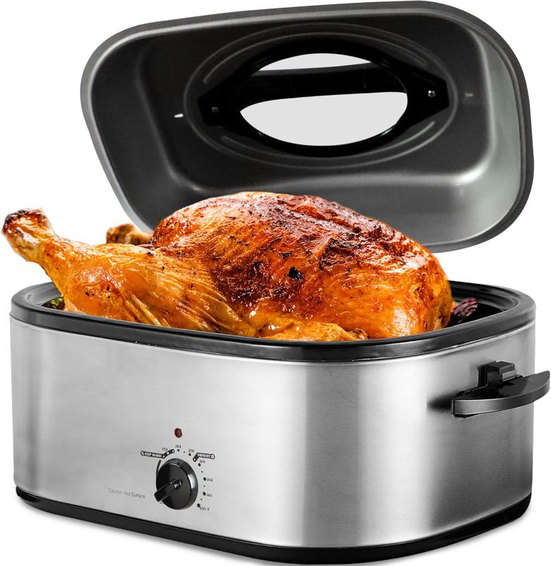 Photo 1 of   24 Quart Roaster Oven with See-through Window on Top, turkey roaster oven electric Fits Turkeys Up to 26BL, Stainless Steel, Silver