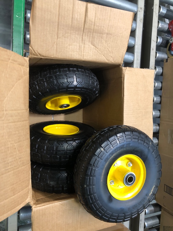 Photo 1 of 4.10/3.50-4 tire and Wheel,10" Flat Free Solid Tire Wheel with 5/8" Bearings,2.1" Offset Hub,for Gorilla Cart,Garden Carts,Dolly,Trolley,Dump Cart,Hand Truck/Wheelbarrow/Garden Wagon (4-Pack)
