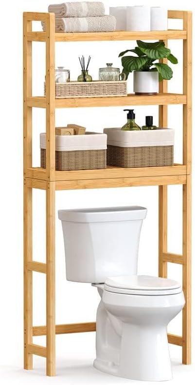 Photo 1 of SONGMICS Over The Toilet Storage, 3-Tier Bamboo Over Toilet Bathroom Organizer with Adjustable Shelf, Fit Most Toilets, Space-Saving, Easy Assembly, Natural 