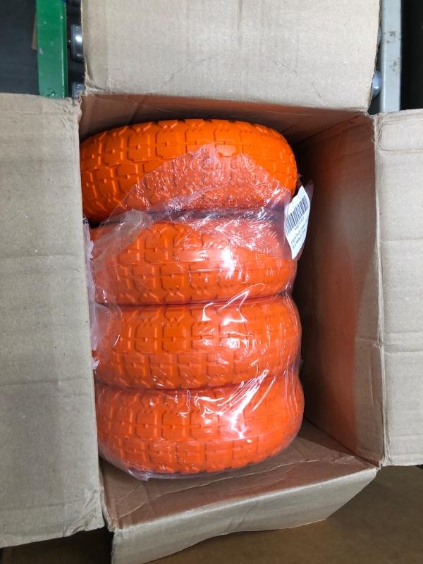 Photo 3 of 10" Flat Free Tires Solid Rubber Tyre Wheels?4.10/3.50-4 Air Less Tires Wheel with 5/8" Center Bearings?for Hand Truck/Trolley/Garden Utility Wagon Cart/Lawn Mower/Wheelbarrow/Generator?4 Pack, Orange 12.4 Pounds Orange