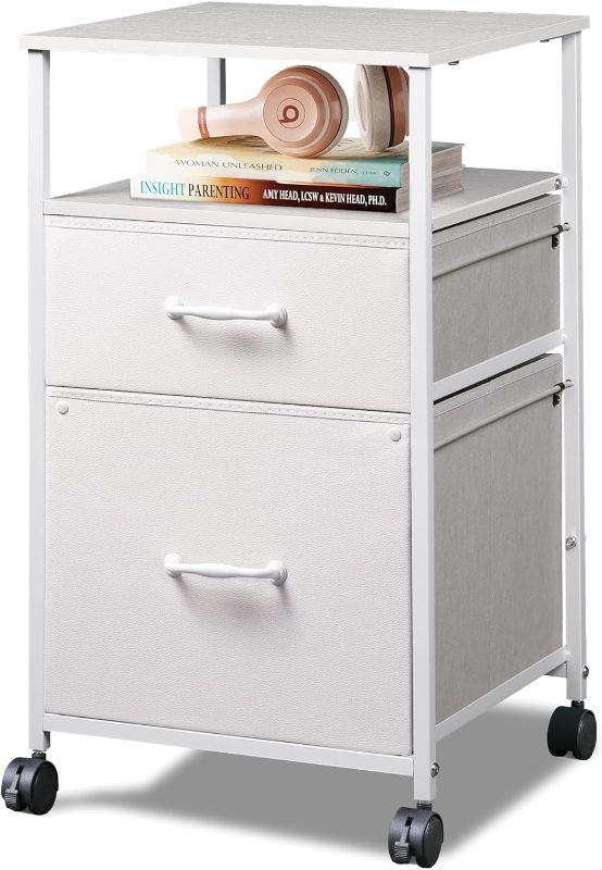 Photo 1 of  2 Drawer Mobile File Cabinet, Rolling Printer Stand with Open Storage Shelf, Fabric Vertical Filing Cabinet fits A4 or Letter Size for Home Office,White