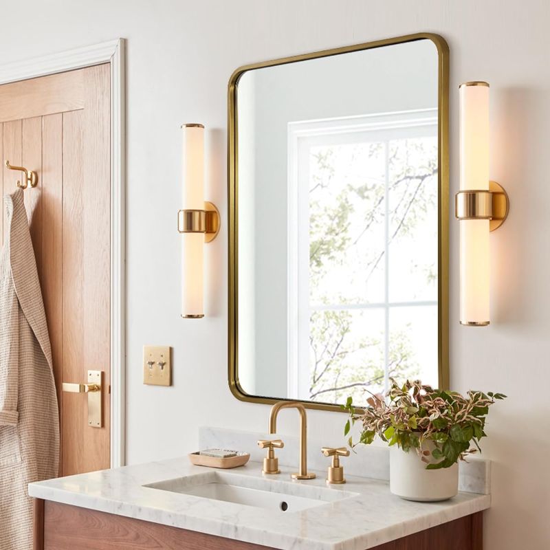 Photo 1 of ANDY STAR Brushed Gold Mirror 48''X30'', Brass Gold Bathroom Mirror Rounded Rectangle, Gold Bathroom Vanity Mirror in SUS304 Anti-Rust Tube Metal Frame, Wall Mounted Horizontal/Vertical 1’’ Deep