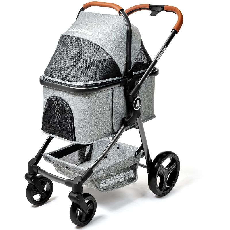 Photo 1 of ASAPOYA Pet Stroller for Dog and Cat, Detachable Pet Travel Carrier & Car Seat, Aluminium Frame 4 Wheeler Travel Stroller for Pets, Lightweight and All Wheel Suspension, 45lbs Capacity (Granite Grey)