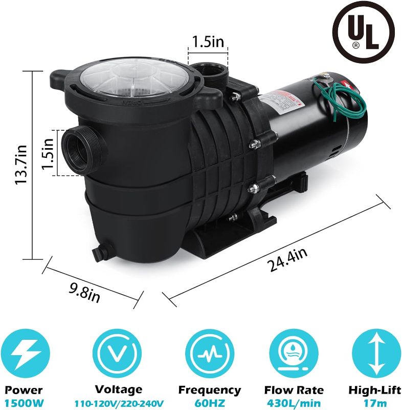 Photo 1 of 2HP 6825GPH Inground Pool Pump, Inground/Above Ground Swimming Pool Pump, Self Primming Pool Pump with Strainer Basket, 1.25" 1.5"
