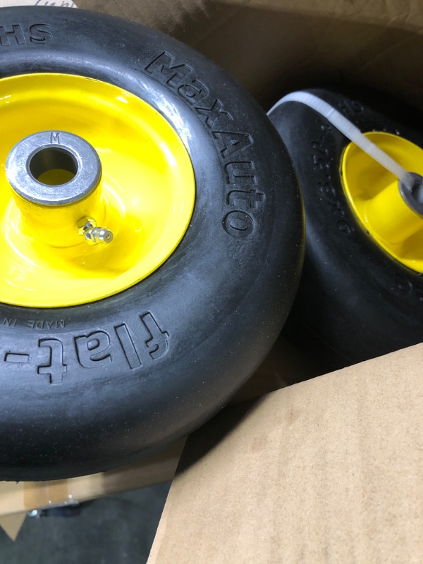 Photo 3 of MaxAuto 2PCS 9x3.50-4" Flat Free Lawnmower Tire on Wheel, 3.5" Centered Hub, 3/4" Bushings(Universal Adapter Kit Include: 2pcs 5/8" Sintered Iron Bushings, 2pcs 1/4" Nylon Spacers, 4pcs Steel Washers)