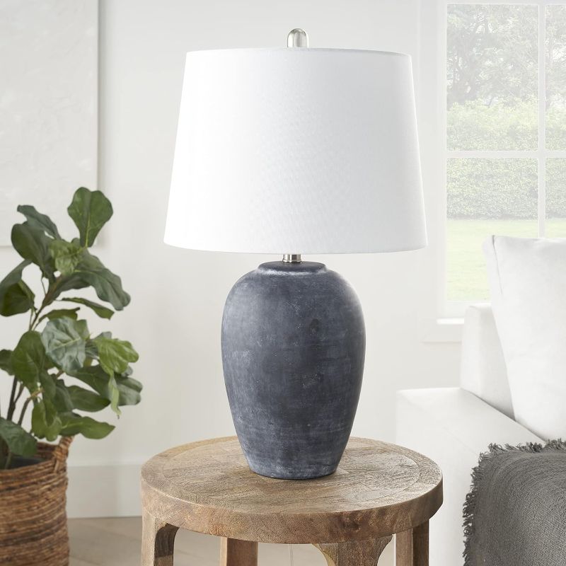 Photo 1 of Nourison 23" Black Vintage Distressed Ceramic Pot Table Lamp for Bedroom, Living Room, End Table, with White Tapered Drum Shade
