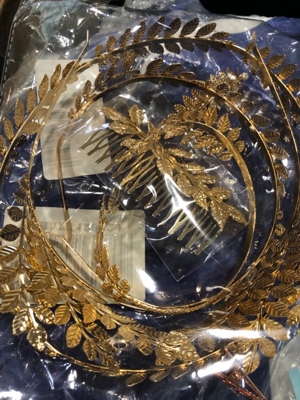 Photo 1 of OFNMY 7 Pieces Greek Roman Laurel Leaf Bracelet Armband Golden Laurel Leaves Crown Tiara Costume Accessories Womens Leaf Headband Coil Bracelet Hair Comb Bridal Wedding