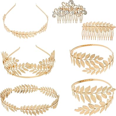Photo 1 of OFNMY 7 Pieces Greek Roman Laurel Leaf Bracelet Armband Golden Laurel Leaves Crown Tiara Costume Accessories Womens Leaf Headband Coil Bracelet Hair Comb Bridal Wedding