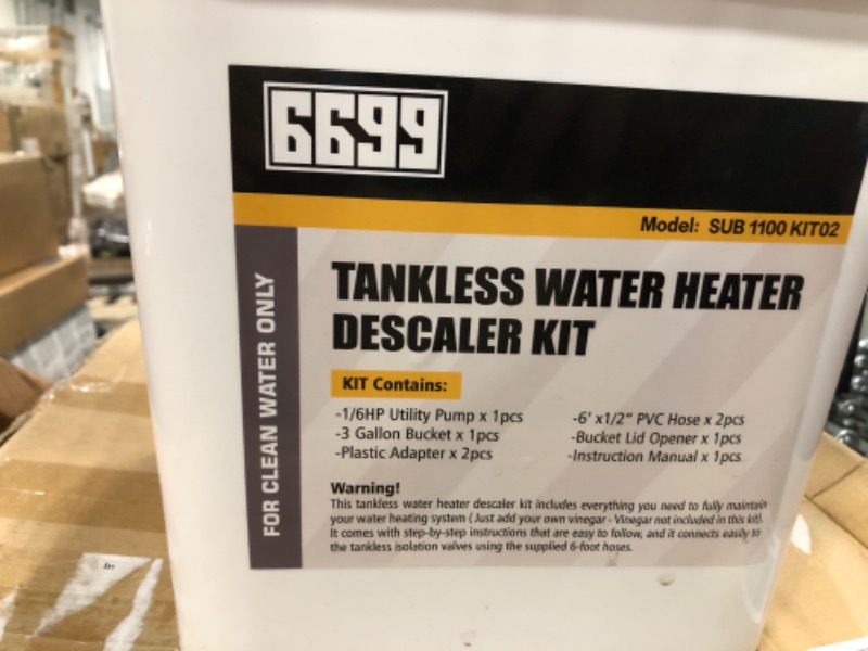 Photo 3 of 6699 Tankless Water Heater Flushing Kit Includes 1/6HP Submersible Sump Pump with Two Adapters & 3 Gallons Pail with Bucket Lid Opener & Two 1/2” Dia X 6’ PVC Hoses with Washers