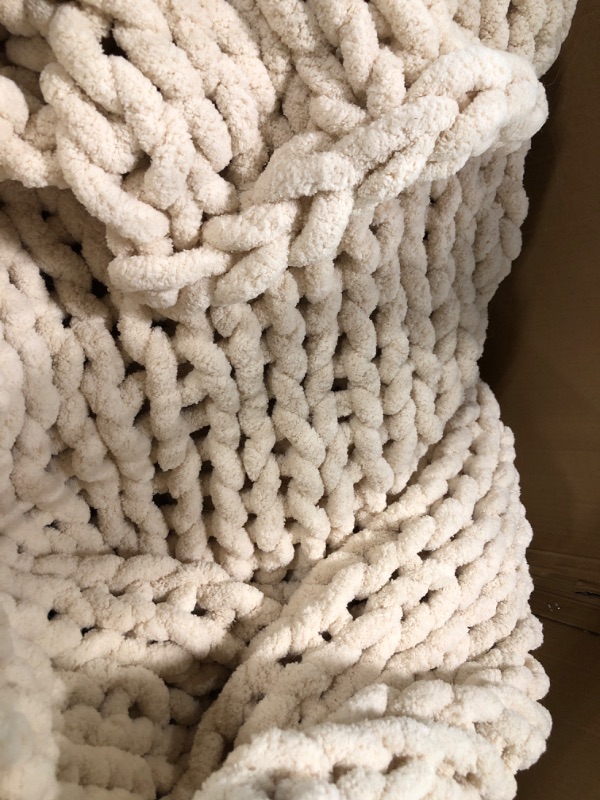 Photo 3 of Adyrescia Chunky Knit Blanket Throw | 100% Hand Knit with Jumbo Chenille Yarn (60"x80", Cream White) 60"x80" Cream White