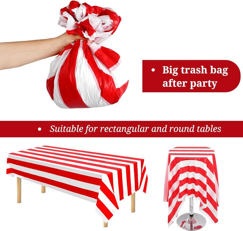 Photo 1 of 2 Packs Red Striped Rectangular Tablecloth Plastic Waterproof Tablecloths 54" x 108" Disposable Carnival Circus Classic Red and White Table Covers,for Birthday,Picnic Party,Outdoor Table Decorations