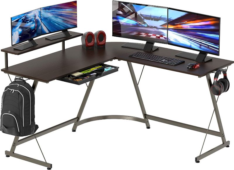 Photo 1 of SHW Vista L-Shape Desk with Monitor Stand, Espresso
