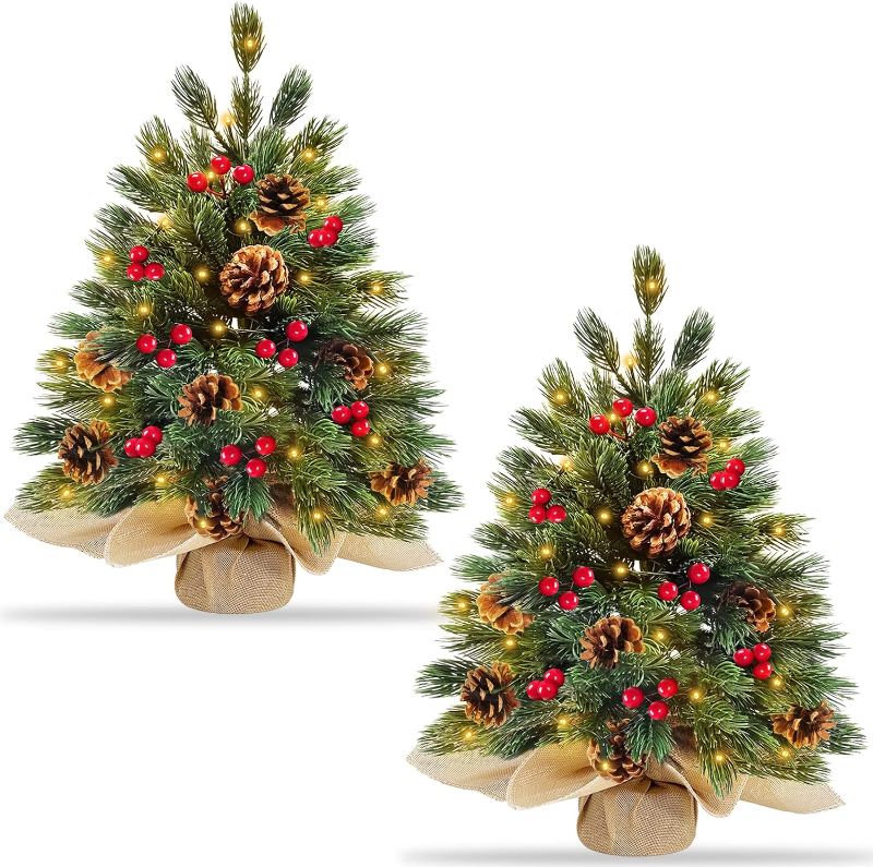 Photo 1 of 2 Pack 20 Inch Super Thick Prelit Tabletop Christmas Tree Decor Realistic Feel 8 Modes Timer 50 Warm Lights Battery Operated Red Berries Pine Cone Artificial Tree Christmas Decorations Indoor Home