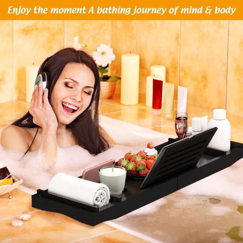 Photo 1 of Bamboo Bathtub Tray Bath Tub Caddy with Expandable Handles Wine Glass Phone Holder Book Stand for Bathroom Luxury Spa Wooden Bath Table Board for Reading Laptop Over The Clawfoot tub Black