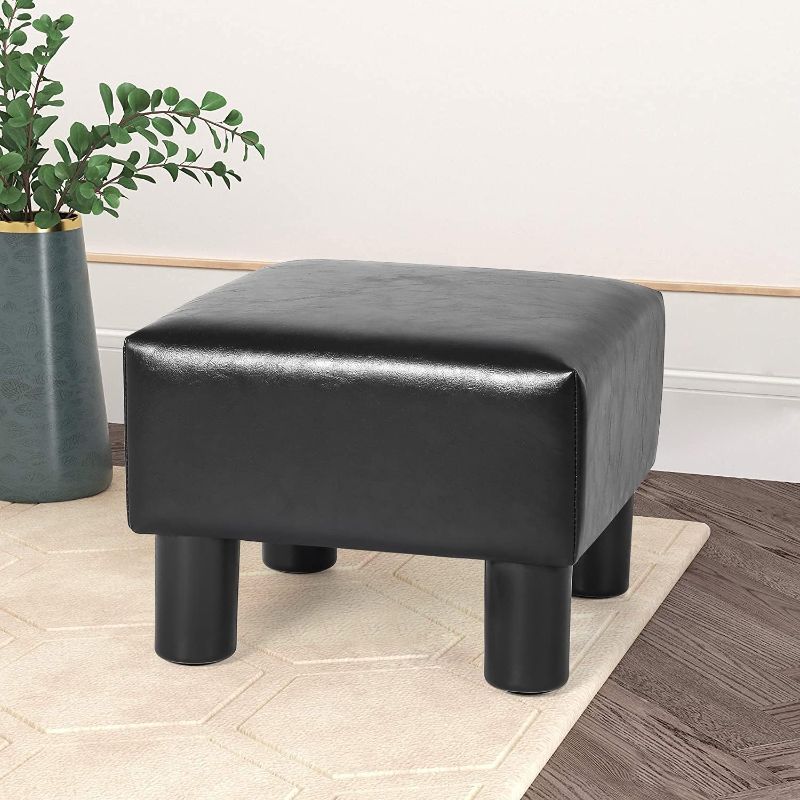 Photo 1 of  Small Footstool PU Leather Ottoman Footrest Modern Home Living Room Bedroom Square Stool with Padded Seat Plastic Legs, Black
