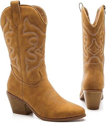 Photo 1 of YETIER Western Cowboy Boots for Women Retro Knee High Chunky Heel Boot Embroidered Wide Calf Bootie
