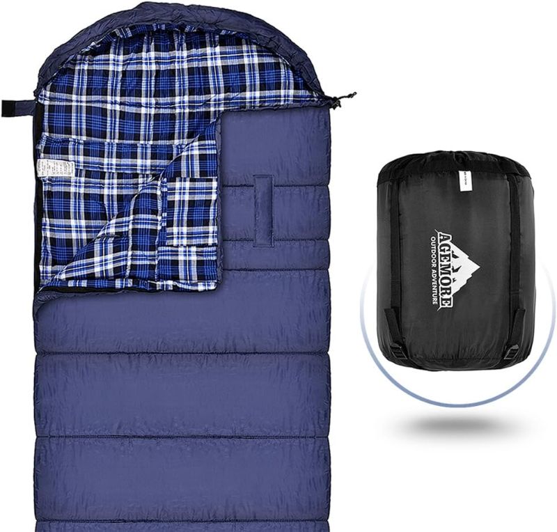 Photo 1 of AGEMORE Cotton Flannel Sleeping Bag XL for Camping, Envelope Sleeping Bags for Adults 91"X35", Great for 3-4 Season Traveling, Hiking & Outdoor Activities, Waterproof Comfort with Compression Sack
