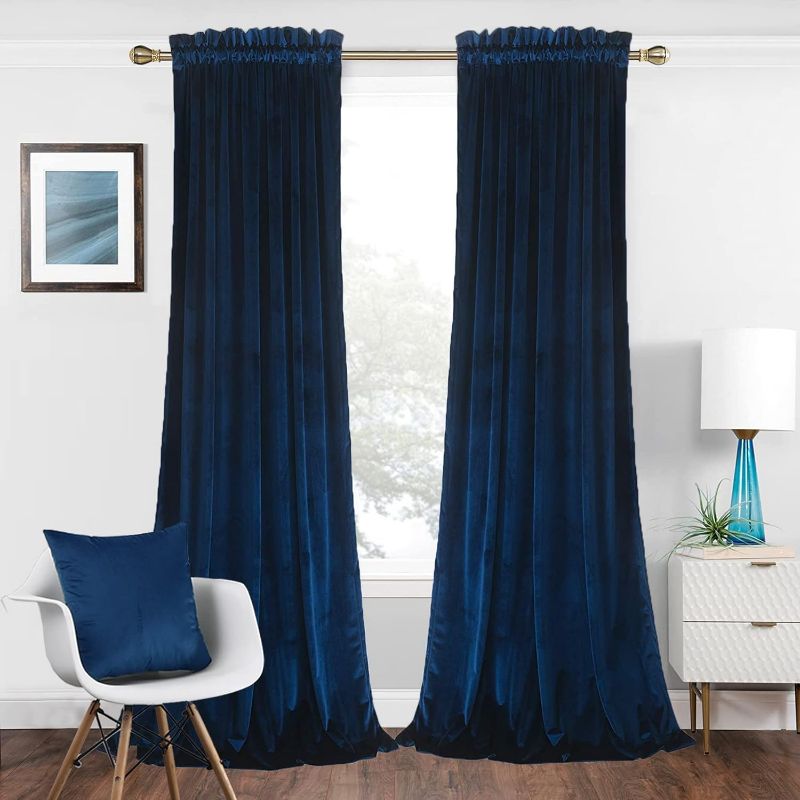 Photo 1 of  Super Soft Blackout Velvet Curtains with 2 Pillow Case,Thermal Insulated Solid Heavy Rod Pocket Window Drapes for Living Room (Navy Blue, 52"x84",2 Panels)
